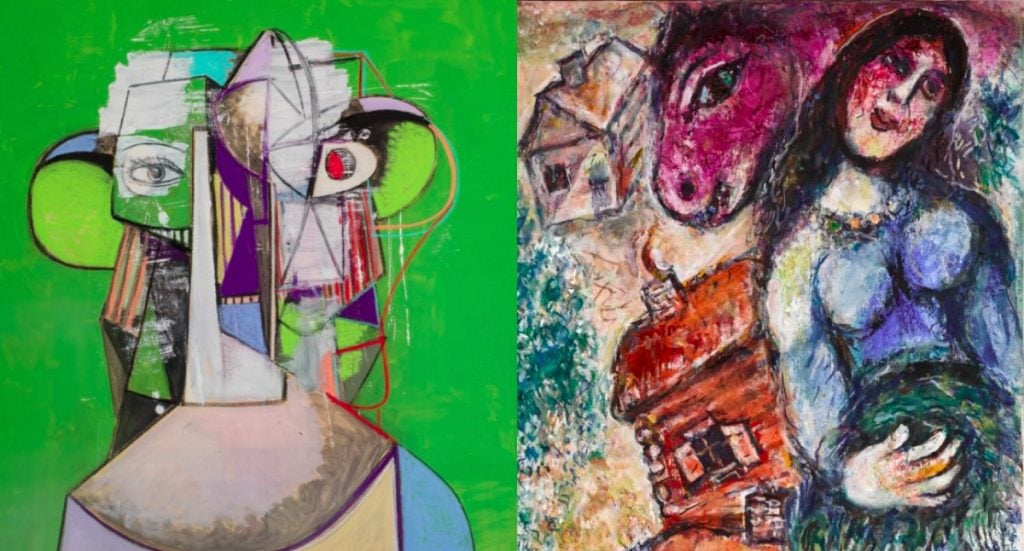 Left, George Condo, Green Head Composition [detail] (2013). Courtesy Sotheby's. Right, Marc Chagall, Paysage à l’Isba [detail] (1968). Courtesy Sotheby's.
