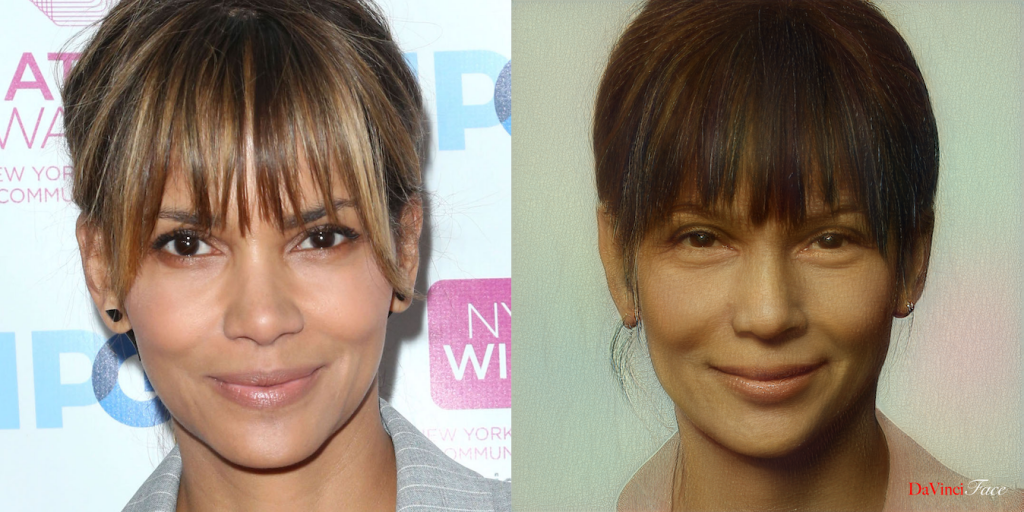 Halle Berry with the face of Da Vinci.  Photo by Jimi Celeste, ©Patrick McMullan.