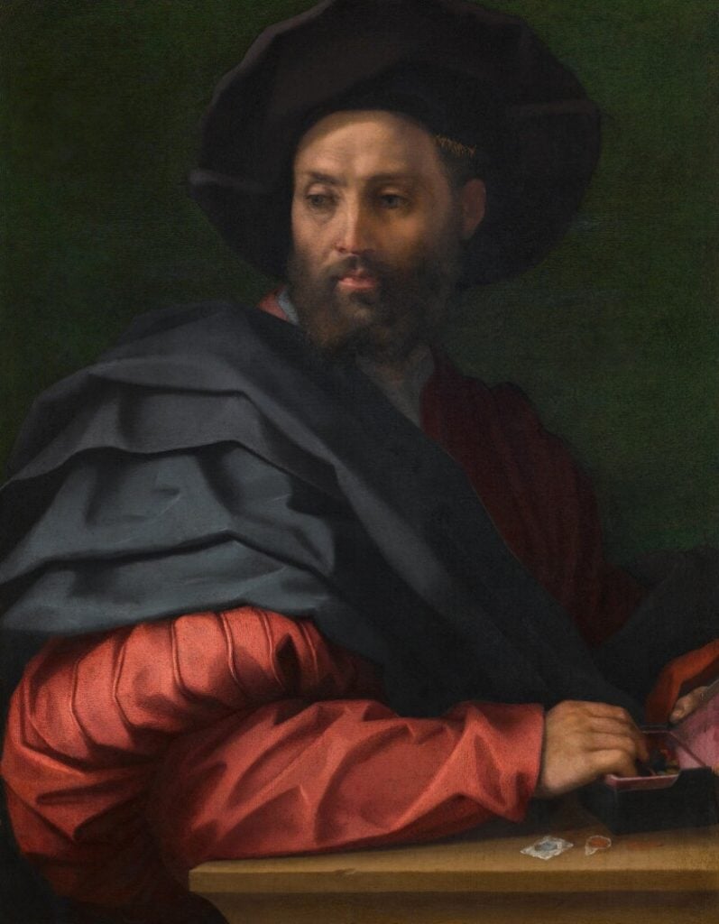 Andrea del Sarto, <i> Portrait of a man (Ottaviano de' Medici?) wearing a large hat, with a box of wax seals resting on a ledge before him</i>. Courtesy of Sotheby's. 