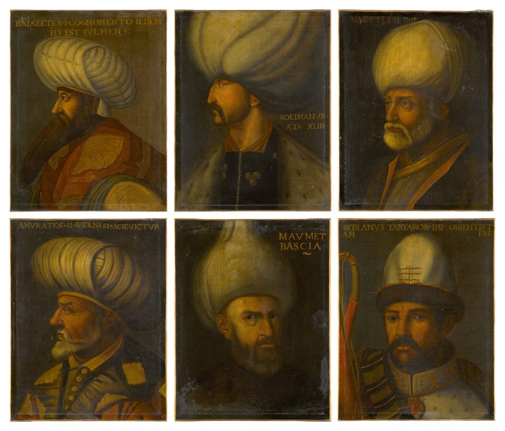 Italian School, (17th century), <i>"The Newbattle Turks": A set of 6 historical portraits comprising: Tamerlane (1336-1405); Bayezid I (1360-1403); Mehmed I (1381-1421); Murad II (1404-51); Bayezid II (1447-1512); Suleiman the Magnificent (1494-1566)</i>. Courtesy of Sotheby's. 