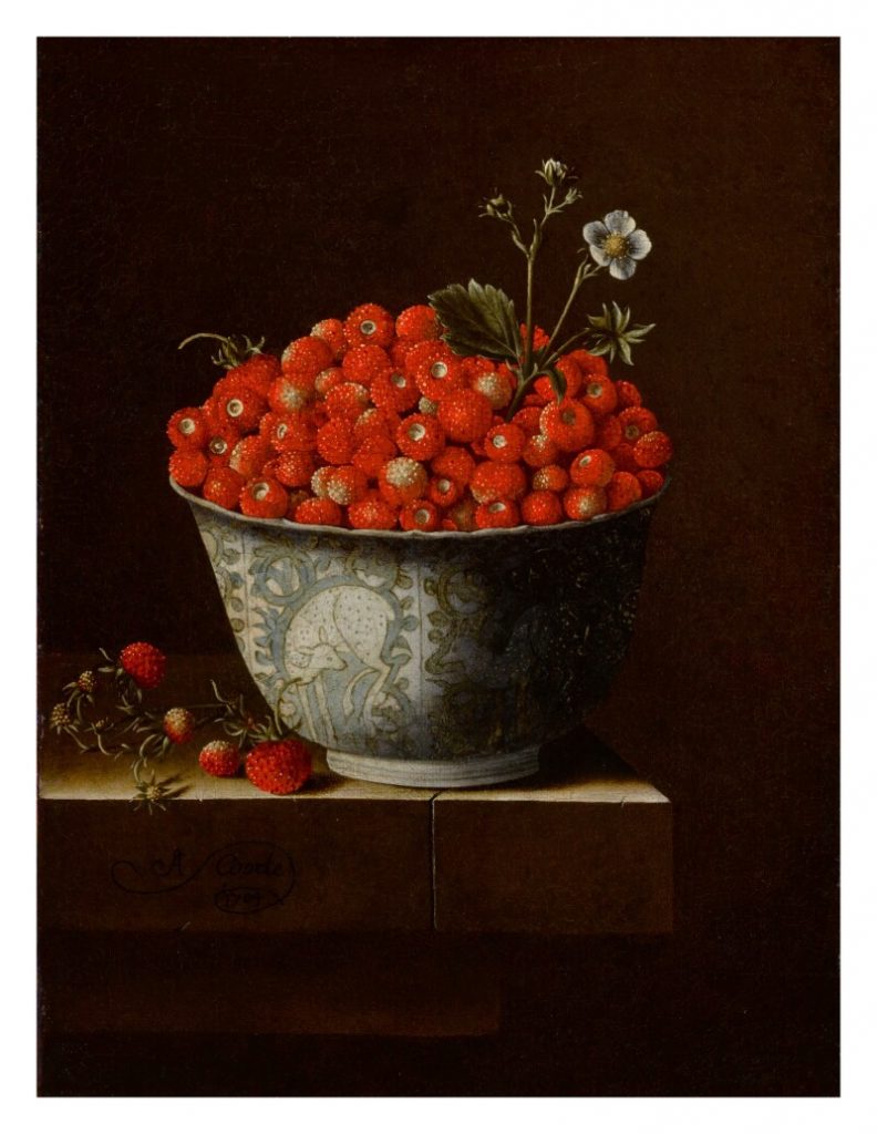 Adriaen Coorte, <i>Still life of fraises-de-bois in a Wan-Li bowl upon a stone ledge </i>(1704). Courtesy of Sotheby's.