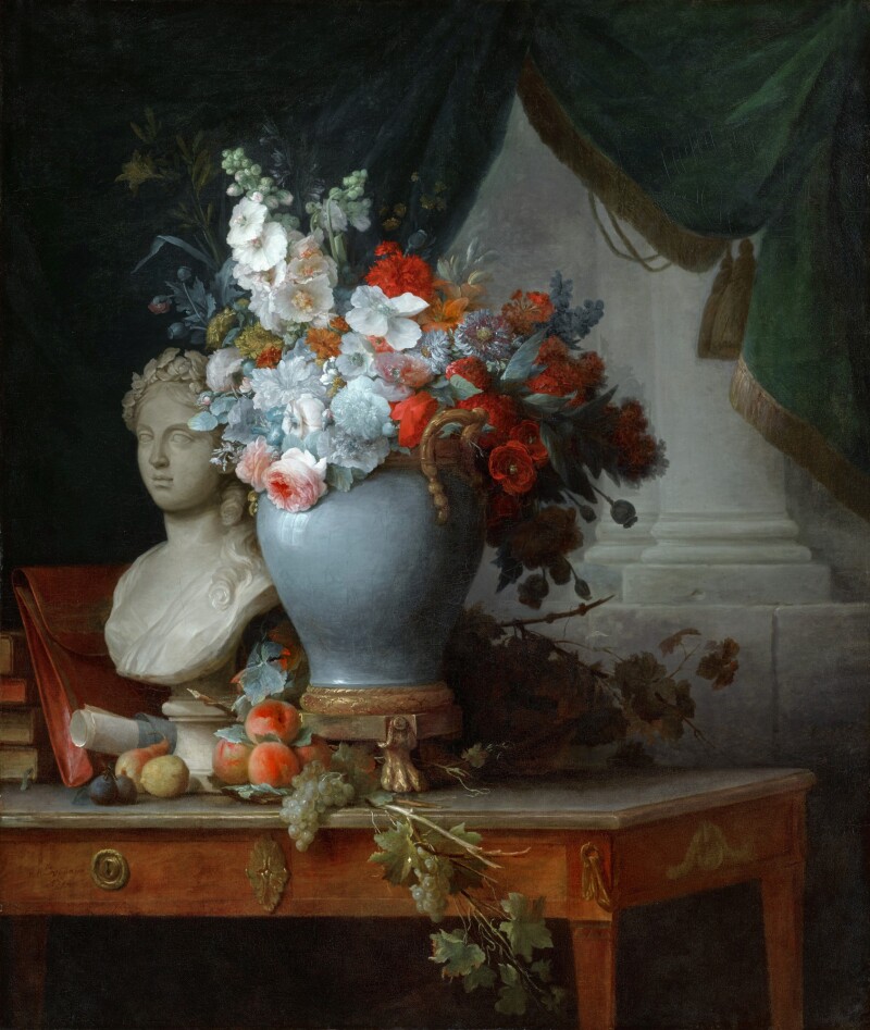 Anne Vallayer-Coster, <i>Still life of flowers in a vase on a table beside a bust of Flora, with fruit and other objects with a curtain beyond </i>(1774). Courtesy of Sotheby's.
