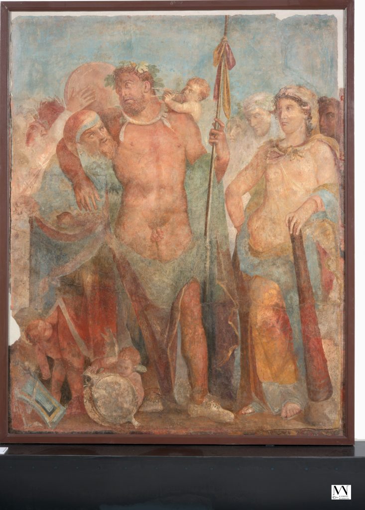 <i>Hercules and Omphale</i> (1st century CE), House of Marcus Lucretius, triclinium 16, east wall, central section, Pompeii. National Archaeological Museum of Naples: MANN 8992 Image © Photographic Archive, National Archaeological Museum of Naples.