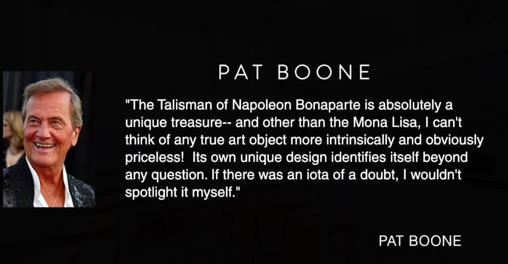 Screenshot of Pat Boone's endorsement of the Talisman of Napoleon.