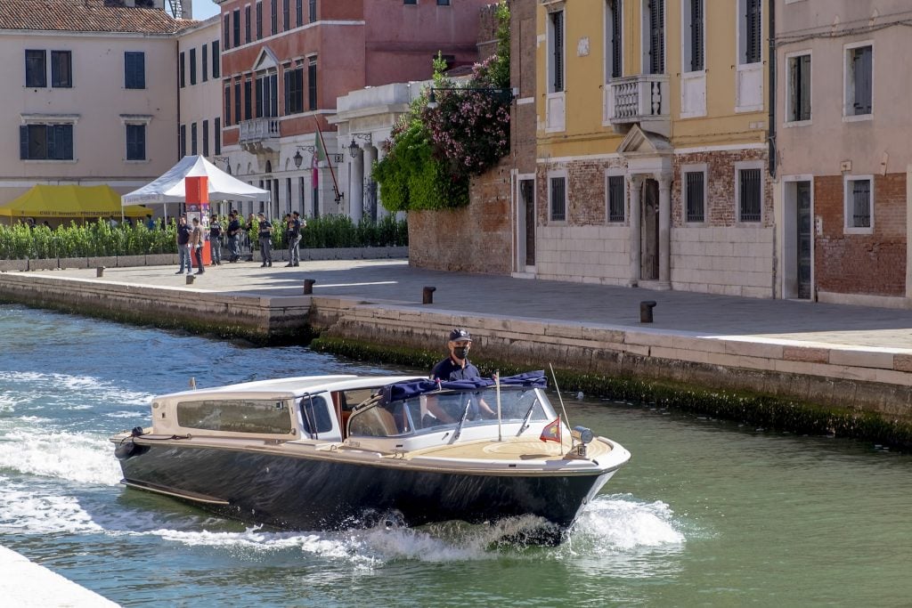 A police boat during in front of the Arsenale on July 9, 2021 in Venice, Italy. (Photo by Luca Zanon/Awakening/Getty Images)