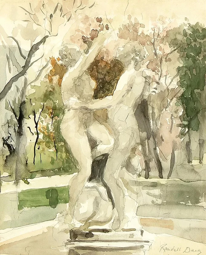 Randall Davey, <em>Untitled (Statues in a garden)</em>. Courtesy of Labouret Private Gallery, New York. 