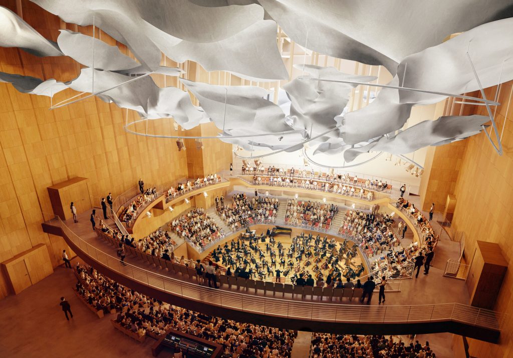 Rendering of concert hall at the Colburn School. Courtesy of Gehry Partners. 