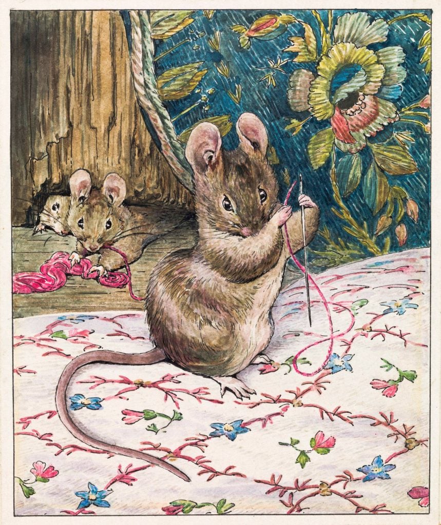 Beatrix Potter, The Mice at Work: Threading the Needle from The Tailor of Gloucester meno kūrinių (1902).  „Tate“, Londonas, sutikimu.
