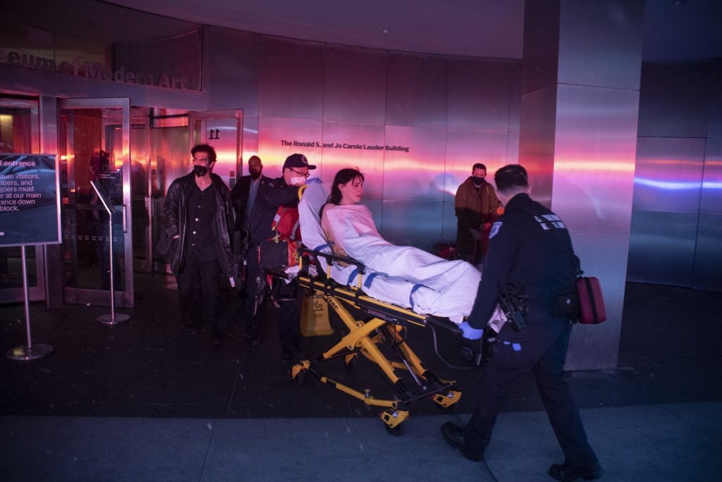 Paramedics respond to a stabbing at New York's Museum of Modern Art. A 60-year-old former member of the museum was refused entry and stabbed two employees before fleeing the scene. Photo by C.S. Muncy.