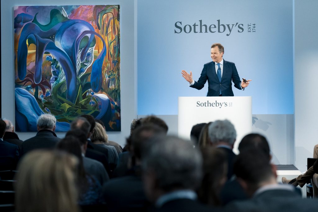 Sotheby's Oliver Barker with Shara Hughes, Naked Lady (2019). Courtesy Sotheby's