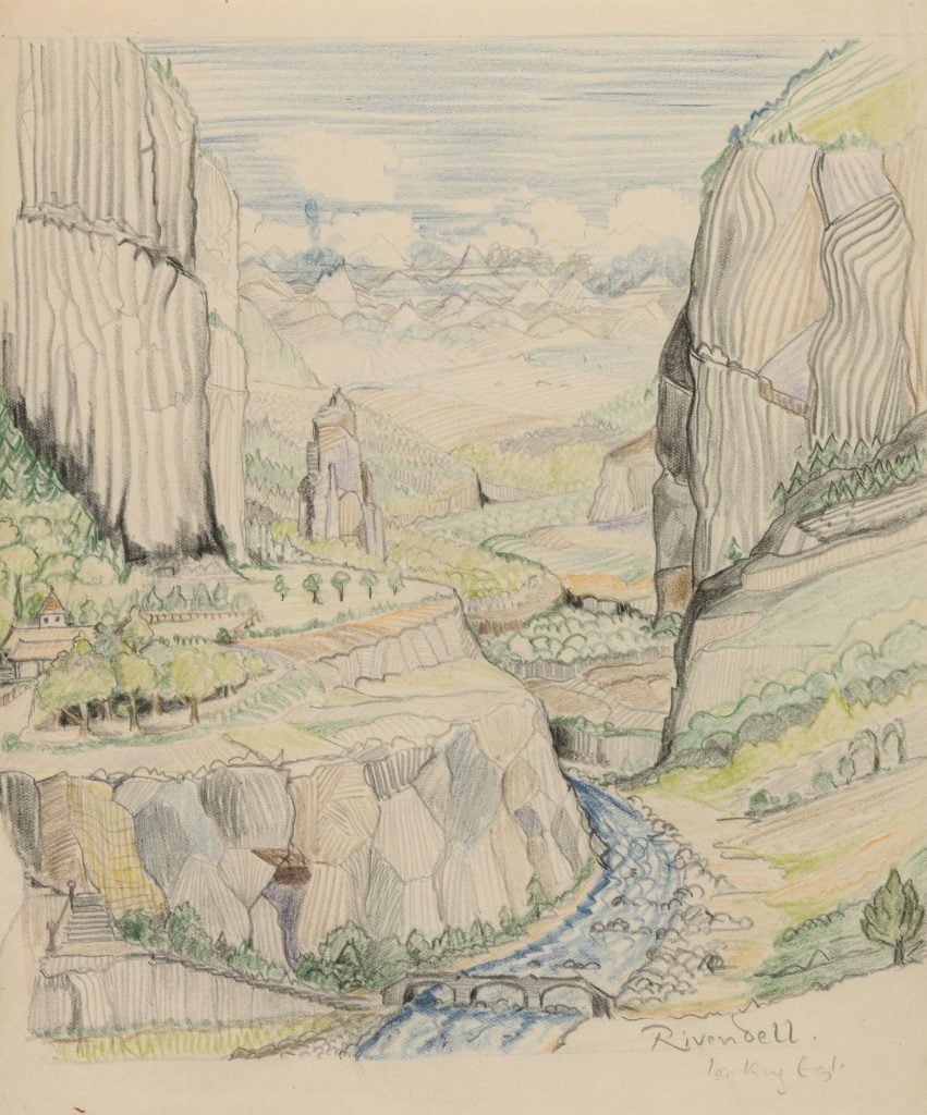 JRR Tolkien, <em>Rivendell looking east</em> (early 1930s).  This drawing became the basis for the 1937 Rivendell watercolor in which the mountain walls are brought together, intensifying the depth of the chasm and the secret location of the "last family home." Courtesy of Tolkien Estate.” width=”851″ height=”1024″ srcset=”https://news.artnet.com/app/news-upload/2022/03/520-large-851×1024.jpeg 851w, https://news.artnet.com/app/news-upload/2022/03/520-large-249×300.jpeg 249w, https://news.artnet.com/app/news-upload/2022/03 /520-large-42×50.jpeg 42w, https://news.artnet.com/app/news-upload/2022/03/520-large.jpeg 1472w” sizes=”(max-width: 851px) 100vw, 851px “/></p>
<p class=