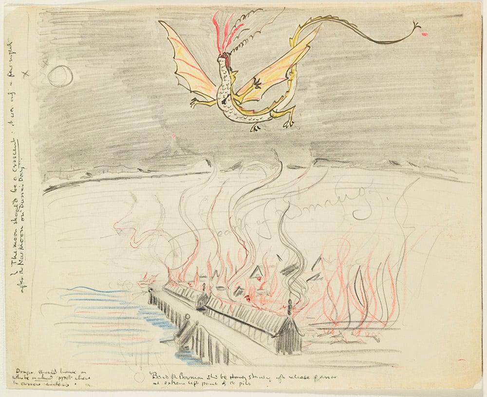 JRR Tolkien, <em>Death of Smaug’</em> I1936).  Tolkien had no intention of publishing this rough illustration, but many years later the sketch was used as the cover design for the Unwin paperback edition of <em>The Hobbit</em> in 1966. Courtesy of Tolkien Estate.  “width=”1000″ height=”815″ srcset=”https://news.artnet.com/app/news-upload/2022/03/582azz0161.jpeg 1000w, https://news.artnet.com/app /news-upload/2022/03/582azz0161-300×245.jpeg 300w, https://news.artnet.com/app/news-upload/2022/03/582azz0161-50×41.jpeg 50w” sizes=”(max-width : 1000px) 100vw, 1000px”/></p>
<p class=