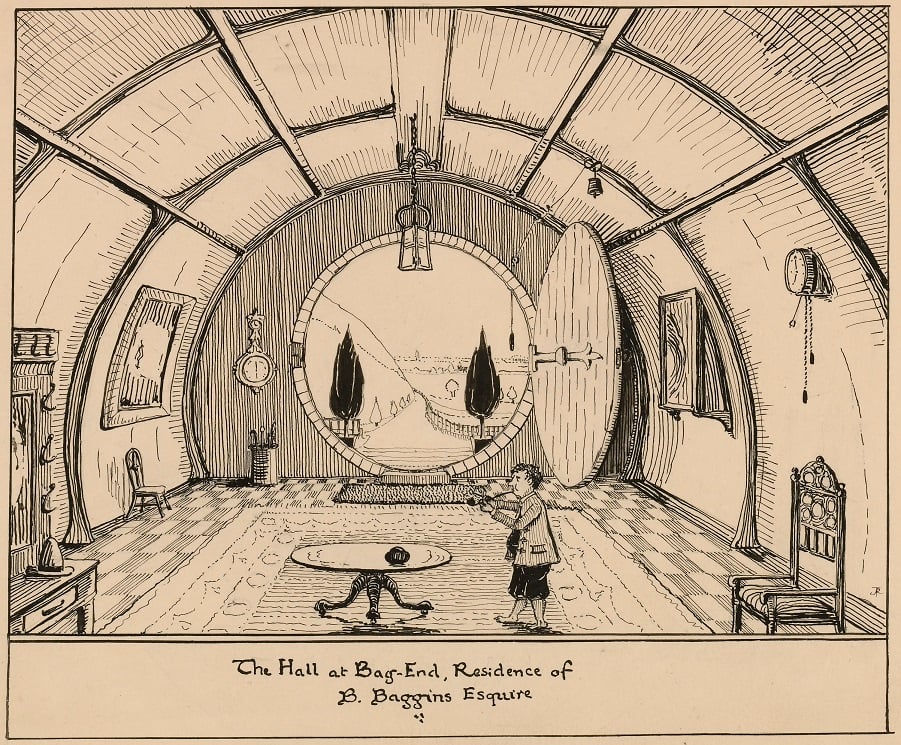 JRR Tolkien, The Hall at Bag-End, Residence of B. Baggins Esquire (janvier 1937).  Avec l'aimable autorisation de Tolkien Estate.