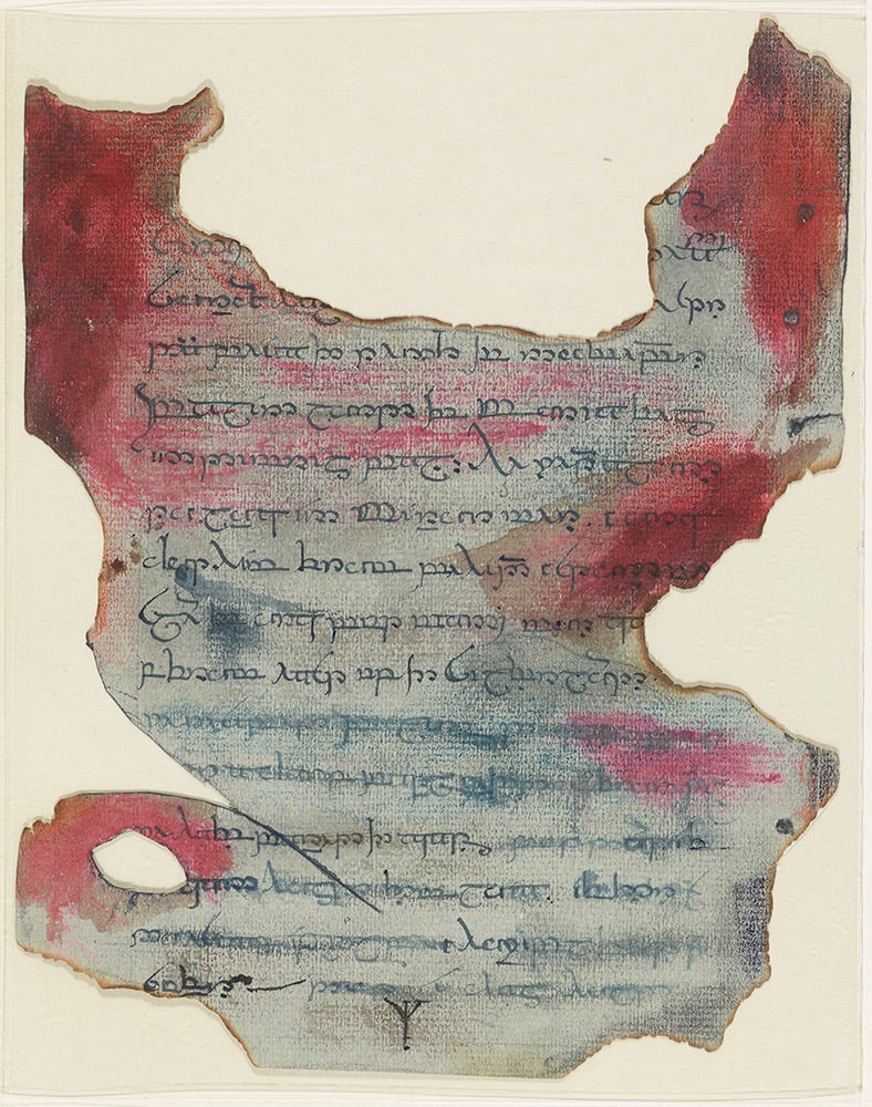 JRR Tolkien, <em>A page from the Book of Mazarbul</em> (1940s).  This book was found by the Fellowship as they traveled through the Mines of Moria.  Tolkien carefully created three burnt, bloodstained fragments by using his own smoking pipe to char the edges of the paper and applying red and brown paint to look like dried blood.  Courtesy of Tolkien Estate.” width=”788″ height=”1000″ srcset=”https://news.artnet.com/app/news-upload/2022/03/656azz0060.jpeg 788w, https: //news.artnet.com/app/news-upload/2022/03/656azz0060-236×300.jpeg 236w, https://news.artnet.com/app/news-upload/2022/03/656azz0060-39×50.jpeg 39w” sizes=”(max-width: 788px) 100vw, 788px”/></p>
<p class=