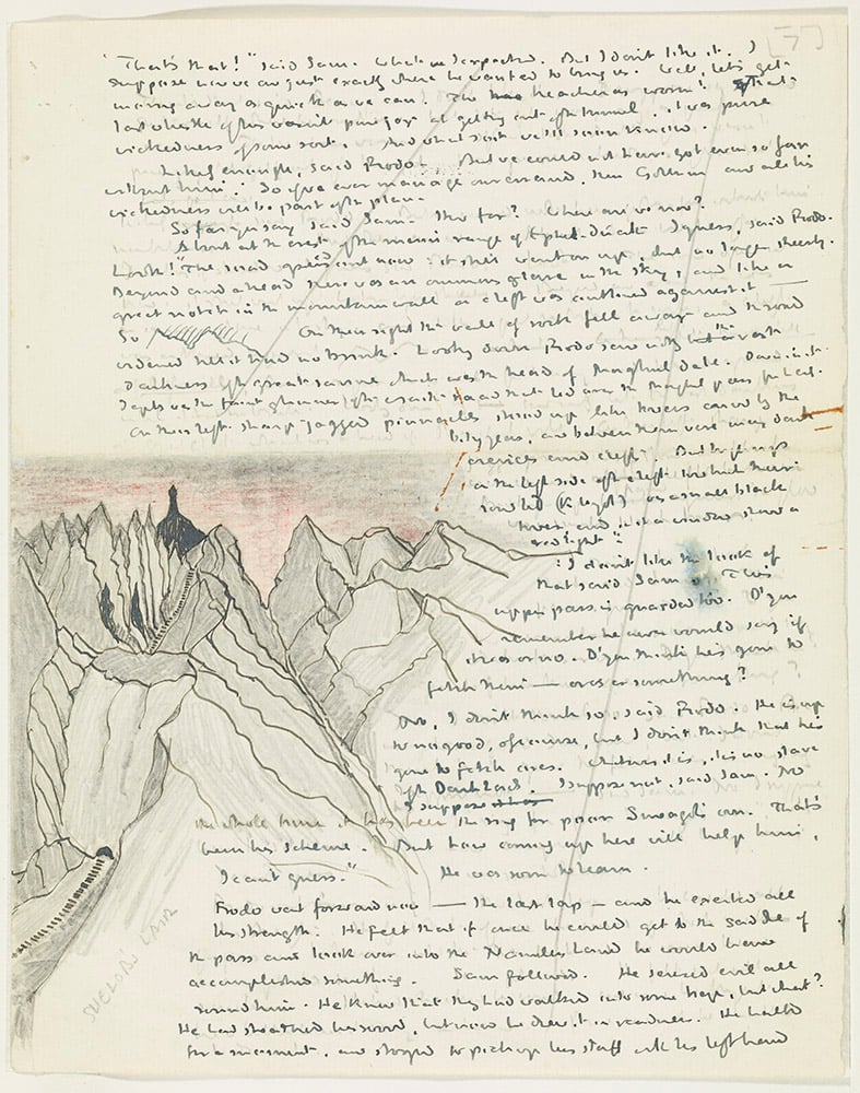 JRR Tolkien, <em>Shelob’s Lair</em> (1944).  As Tolkien wrote the chapter titled, "The Stairs of Cirith Ungol," he stopped to sketch the approach to the fortress.  This page is a perfect example of Tolkien using art to develop his written description.  Courtesy of Tolkien Estate.  ” width=”787″ height=”1000″ srcset=”https://news.artnet.com/app/news-upload/2022/03/677azz0064.jpeg 787w, https://news.artnet.com/app /news-upload/2022/03/677azz0064-236×300.jpeg 236w, https://news.artnet.com/app/news-upload/2022/03/677azz0064-39×50.jpeg 39w” sizes=”(max-width : 787px) 100vw, 787px”/></p>
<p class=