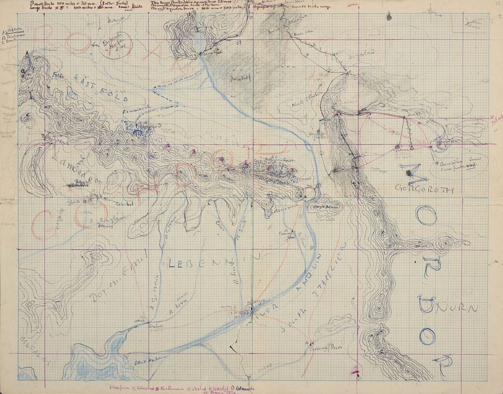 J.R.R. Tolkien, <em>Map of Rohan, Gondor and Mordor</em>, drawn so that Tolkien could accurately plot the action as he wrote book five of <em>The Lord of the Rings</em> (ca. 1948). It was re-drawn for publication in<em> The Return of the King</em> by his son Christopher Tolkien. Courtesy of the Tolkien Estate. 