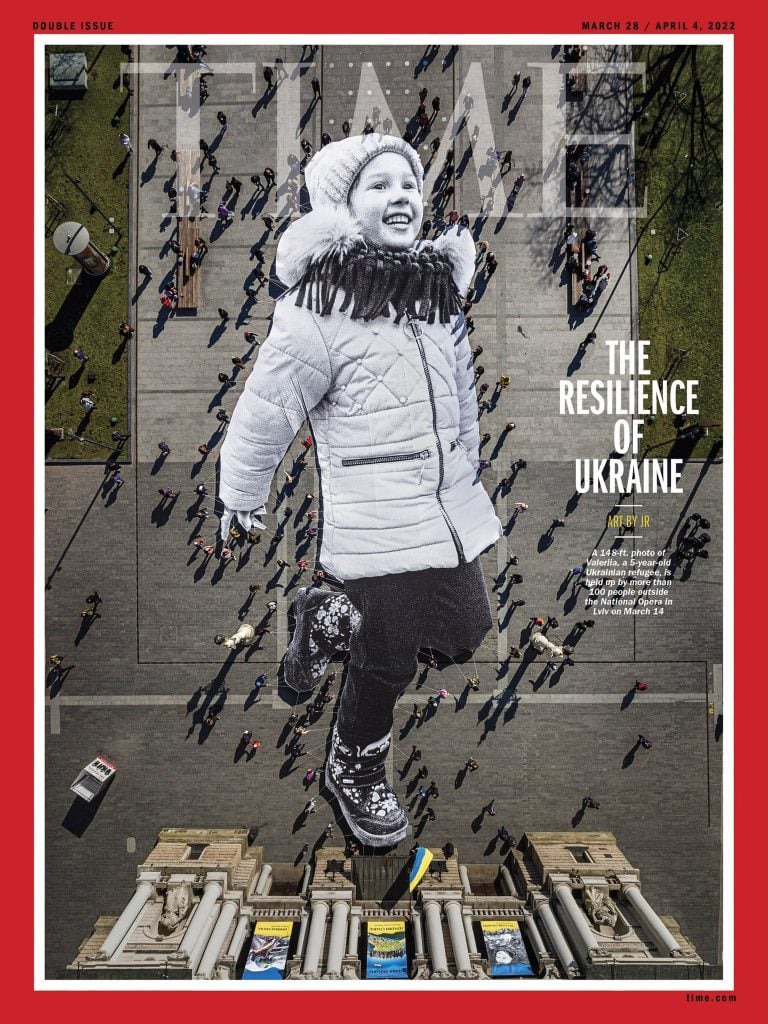 JR used a drone to shoot the unfurling of Artem Iurchenko's portrait of a five-year-old Ukrainian refugee named Valeriia for TIME magazine. Photo courtesy of the artist and TIME magazine.