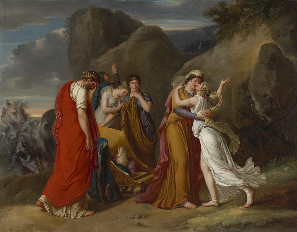 Marie-Guillemine Benoist, Psyche Bidding Her Family Farewell (1791). Collection of the Fine Arts Museums of San Francisco, museum purchase, John A. and Cynthia Fry Gunn; Phoebe Cowles and Robert Girard; Margaret and William R. Hearst III; Diane B. Wilsey; Barbara A. Wolfe; the Jay and Clara McEvoy Trust; the Michael Taylor Trust; the Margaret Oakes Endowment Income Fund; the Harris Family; Ariane and Lionel Sauvage; and an anonymous donor. Photo by Randy Dodson, courtesy of the Fine Arts Museums of San Francisco.