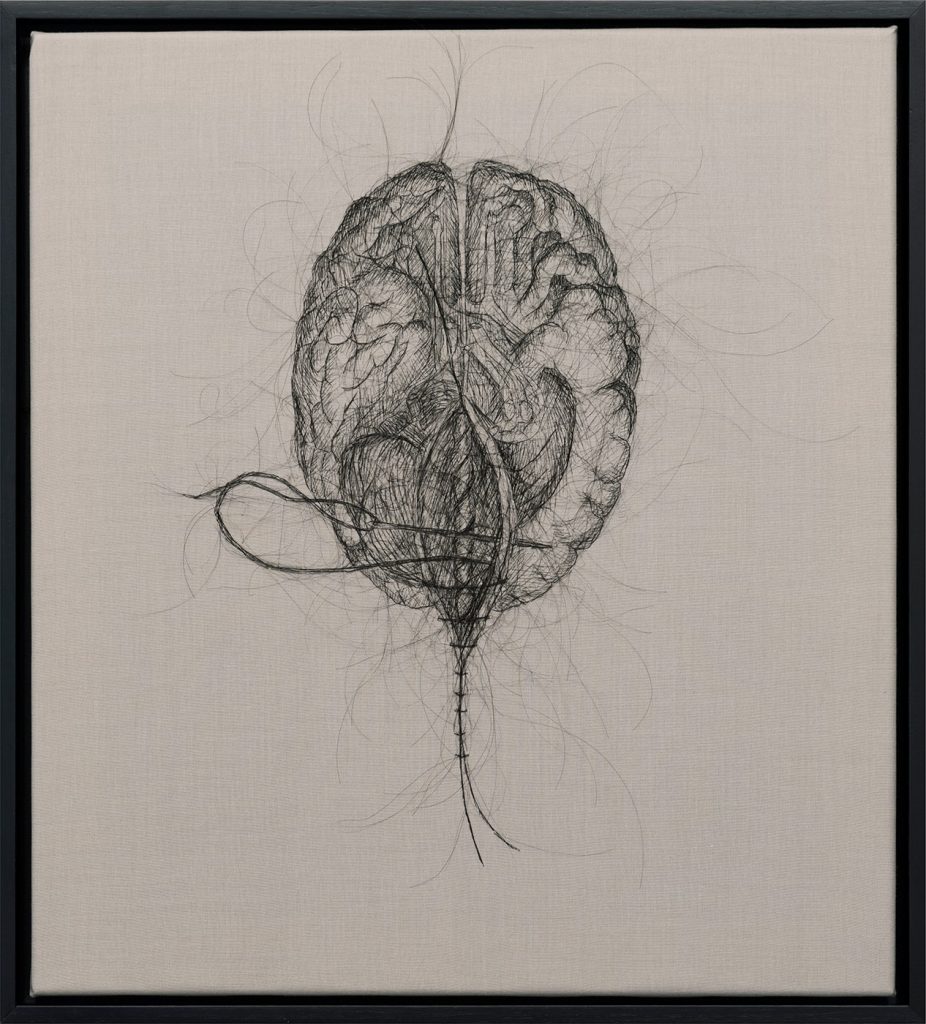 Angela Su, <i>Split Stitch</i> (2019). Hair embroidery on fabric. Courtesy of the artist and Blindspot Gallery.