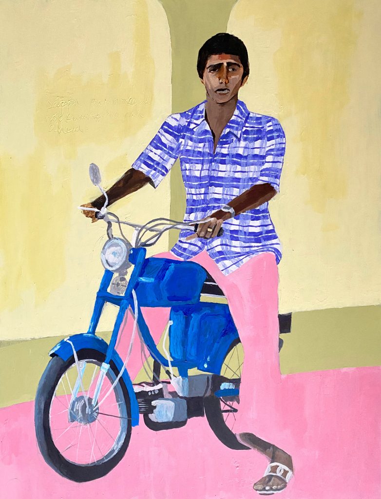 Maya Varadaraj, Jay in Pink, Not Knowing the Road Ahead (2022). Courtesy of Aicon Contemporary.