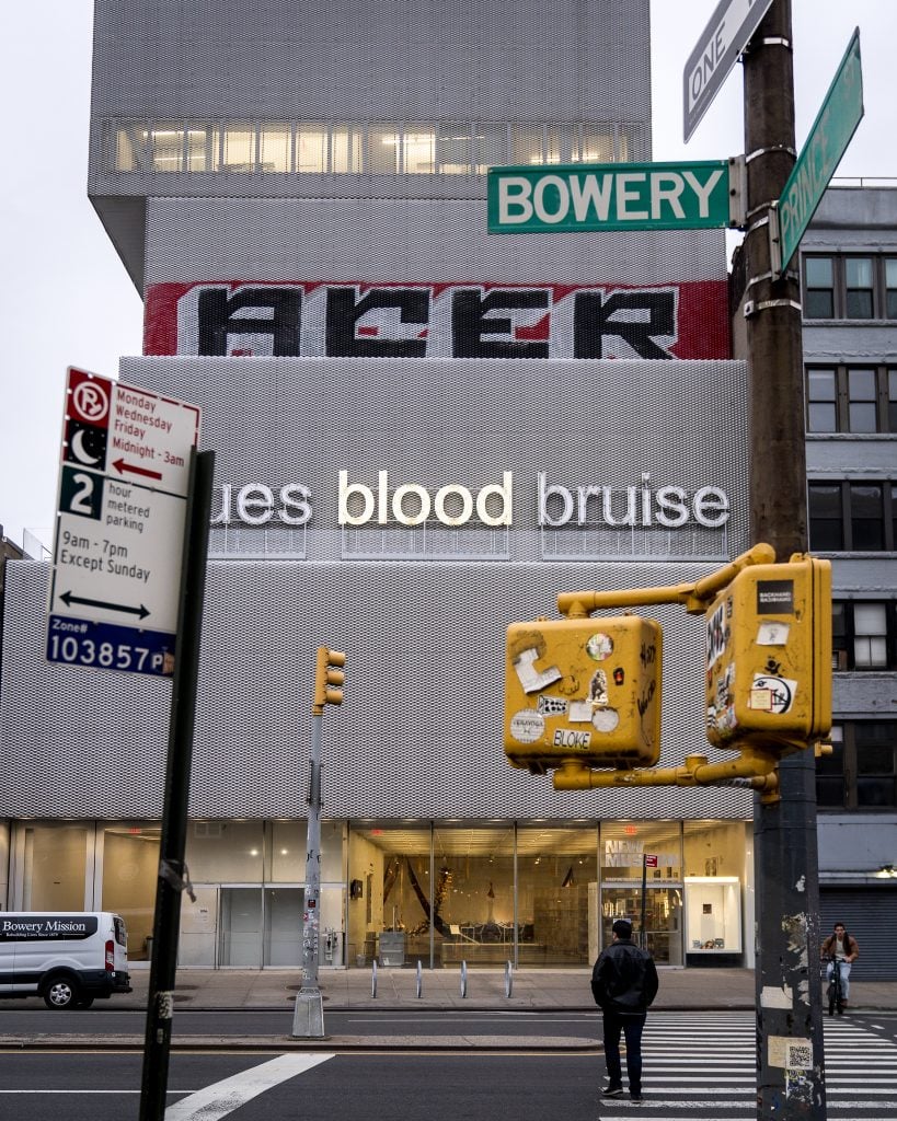 The anonymous artist Acer 444 illicitly painted a massive graffiti piece on the third story of New York's New Museum. Photo by <a href=https://www.instagram.com/b4_flight/ target="_blank" rel="noopener">@b4_flight