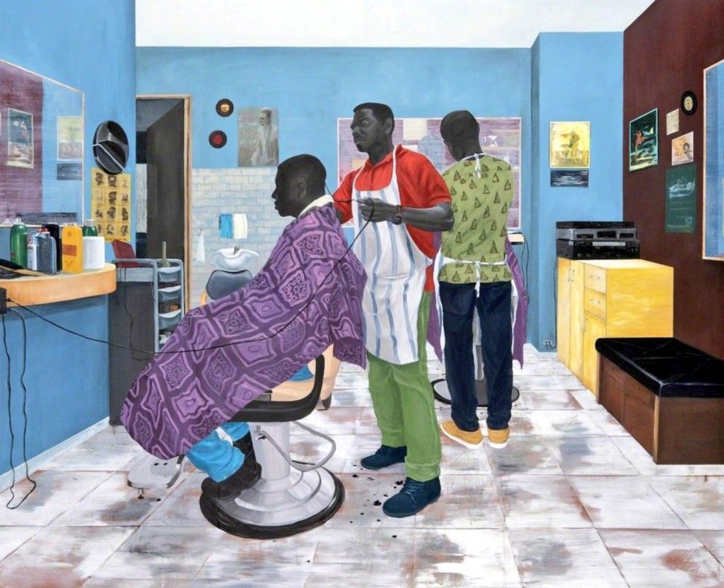 Peter Uka, <i>Basement Barbers</i> (2018). Image courtesy the artist and Mariane Ibrahim, Chicago and Paris Private collection