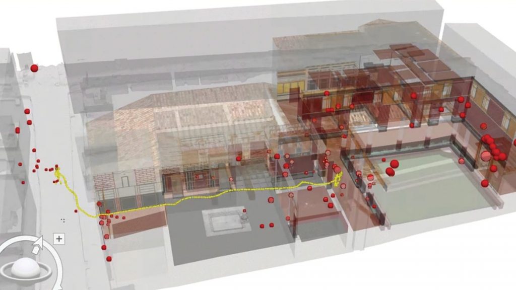 The path of a visitor (in yellow) and what caught their eye (in red) in a 3-D reconstruction of the House of the Greek Epigrams in Pompeii, based on eye-tracking technology used to monitors visitors the virtual space. Image courtesy of Danilo M. Campanaro and Giacomo Landeschi.