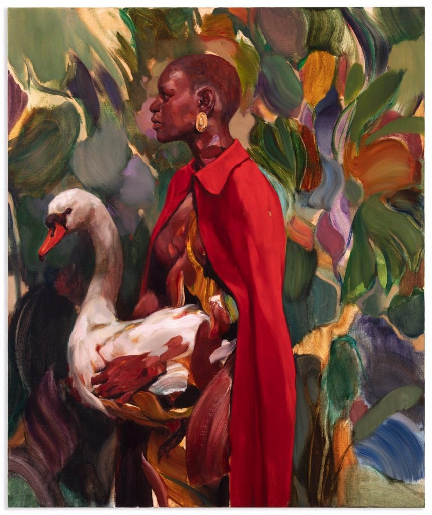 Yongchul Kim, Begegnung, Frau mit Schwan (2022). Courtesy of Galerie Thomas Fuchs.