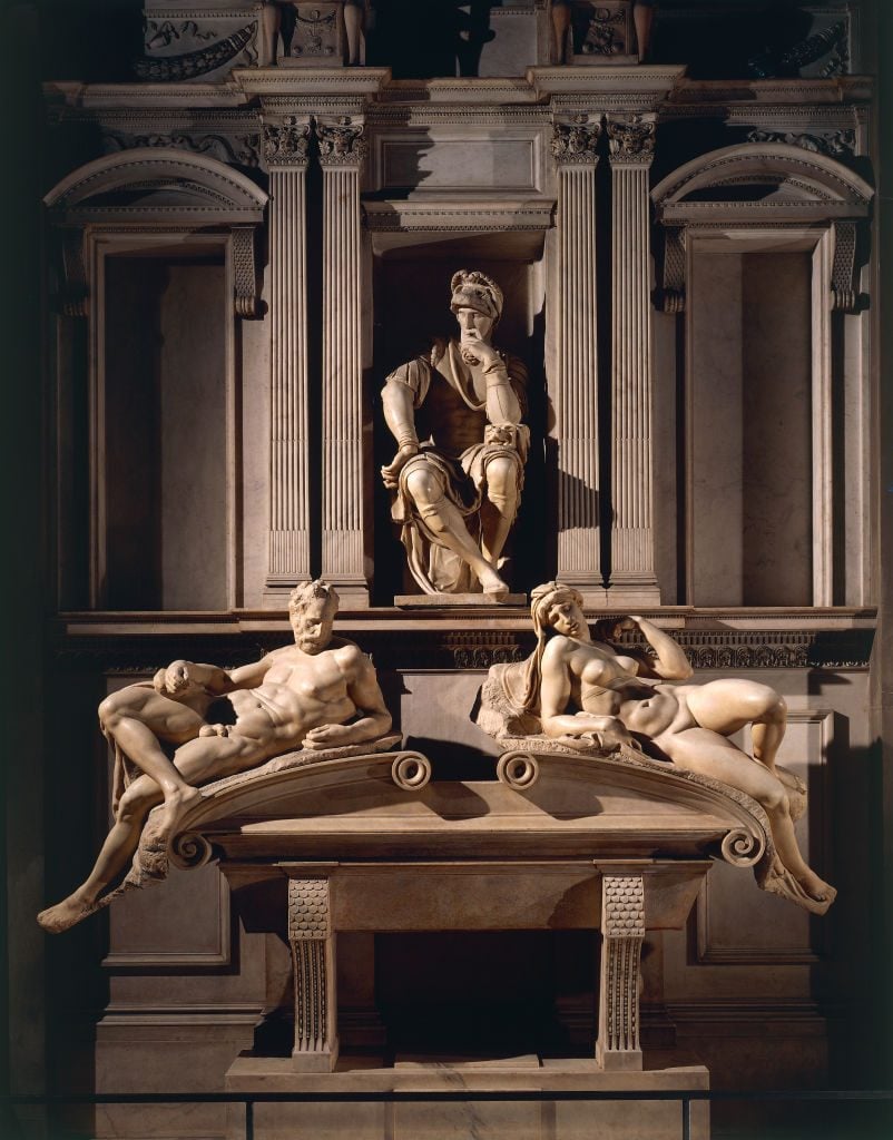 The tomb of Lorenzo de' Medici, Duke of Urbino, 1524–34, by Michelangelo Buonarroti, at the New Sacristy, Medici Chapels, Basilica of Saint Lawrence, in Florence, Italy, 2017. Courtesy of Getty Images.