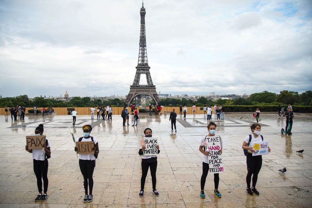 Black Lives Matter protest on the Parvis des droits de l'homme, place du Trocadero, in Paris on June 21, 2020. Photo: Abdulmonam M Eassa / AFP via Getty Images.