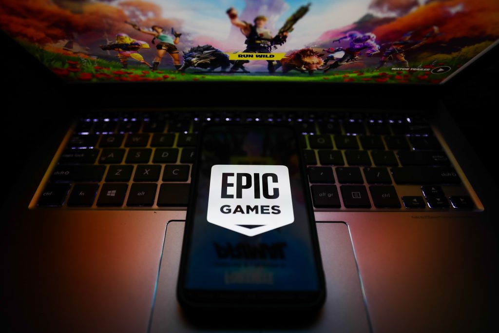 The Epic Games logo. (Photo illustration by Jakub Porzycki/NurPhoto via Getty Images)