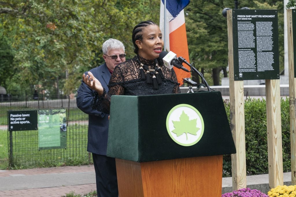 Former NYC Council Majority Leader Laurie Cumbo at the unveiling of the Spanish Memorial Plaque in Fort Greene Park. (Photo by Lev Radin/Pacific Press/LightRocket via Getty Images)