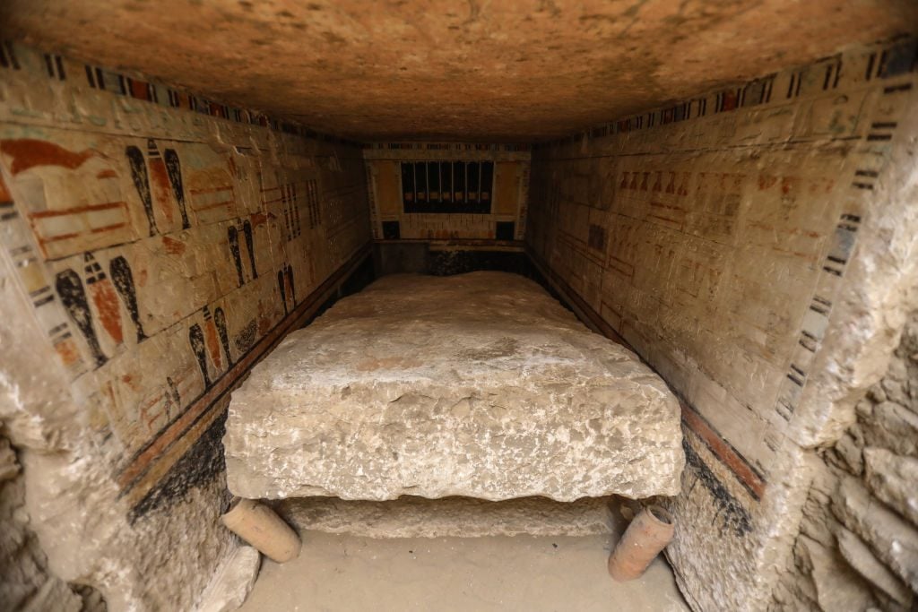 A view from site of the five ancient Pharaonic tombs recently discovered at the Saqqara archaeological site. Photo: Stringer/Anadolu Agency via Getty Images.