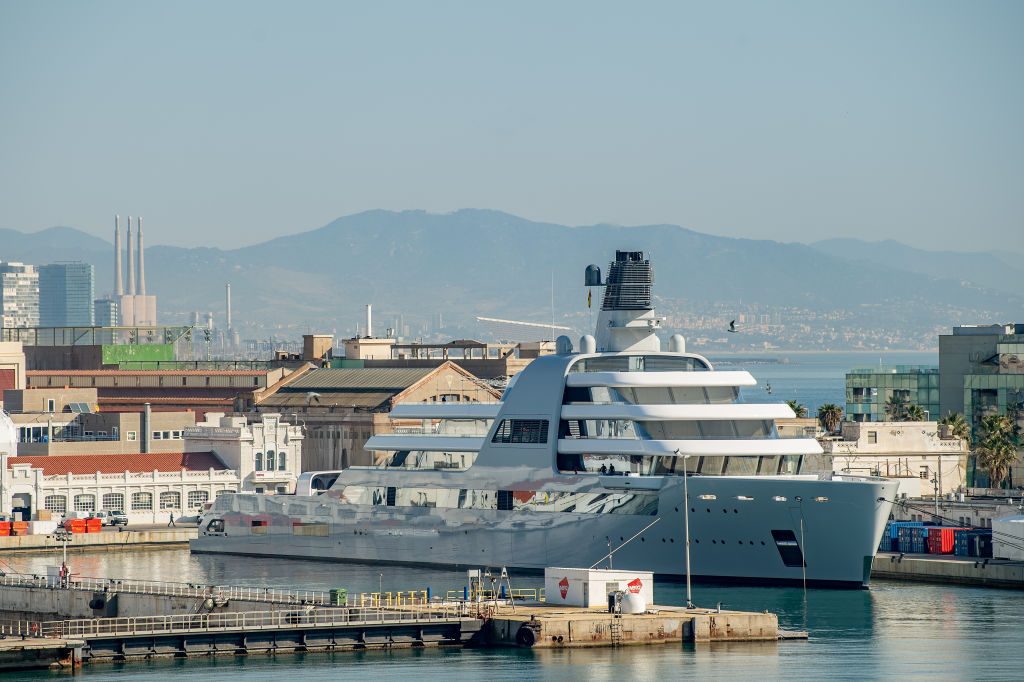 Roman Abramovich's super yacht Solaris is seen moored at Barcelona Port on March 1, 2022 in Barcelona, Spain. Abramovich has been sanctioned by the U.K. government. (Photo by David Ramos/Getty Images)