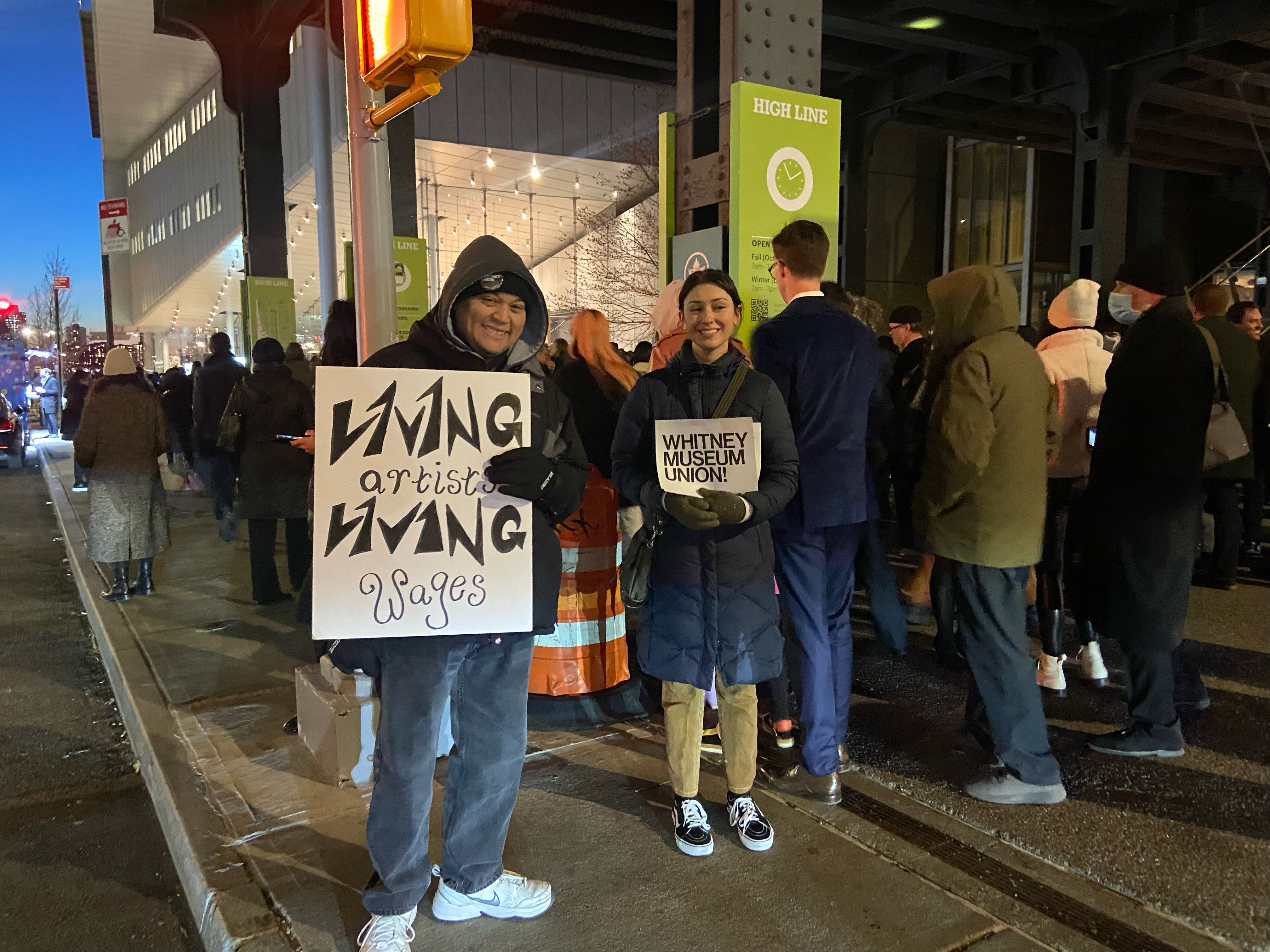 Union supporters brave the cold outside of the Whitney Museum on the night of the biennial's opening. Photo by Annie Armstrong.