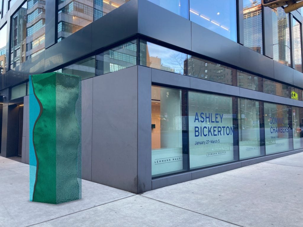 Ashley Bickerton’s <i>0°36'06.2"N, 131°09'41.8"E 1</i> (2022) as seen through CollectAR, Lehmann Maupin’s new Augmented Reality Platform, outside the gallery on West 24th Street and 10th Avenue. Image courtesy Ashley Bickerton and Lehmann Maupin, New York, Hong Kong, Seoul, and London.