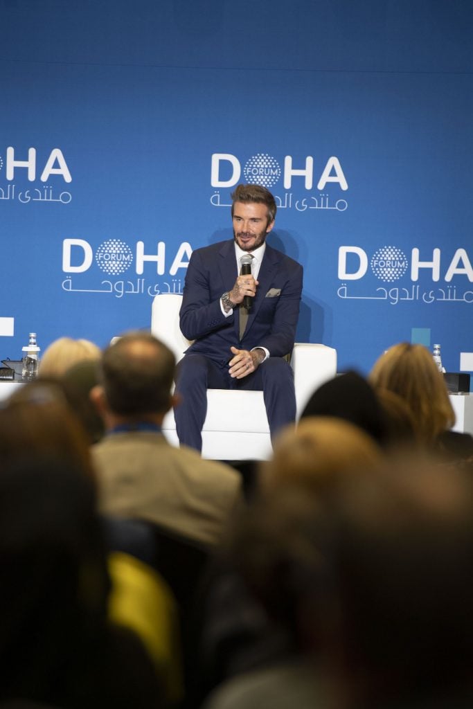 David Beckham speaking at the 2022 Doha Forum in Qatar, on March 27. Image courtesy Qatar Museums