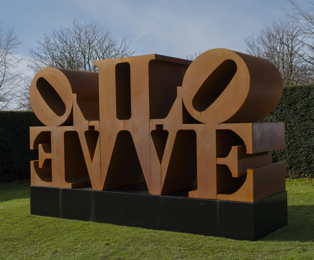 Robert Indiana, Imperial LOVE (1966-2006). Installation view at Yorkshire Sculpture Park, 2022. Photo: © Jonty Wilde, courtesy of Yorkshire Sculpture Park. Artwork: © 2022 Morgan Art Foundation Ltd./ Artists Rights Society (ARS), New York/DACS, London