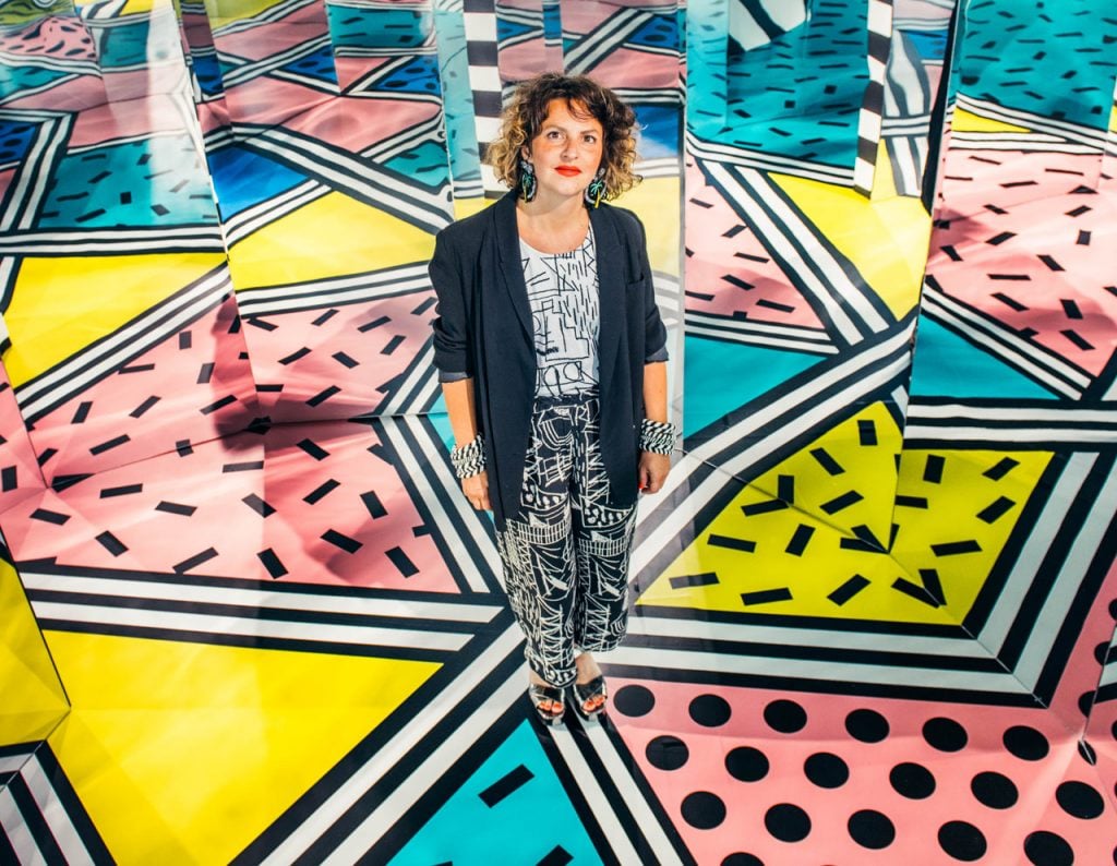 Camille Walala inside her 2017 art installation WALALA X PLAY at Now Gallery in London. Photo courtesy of the artist.
