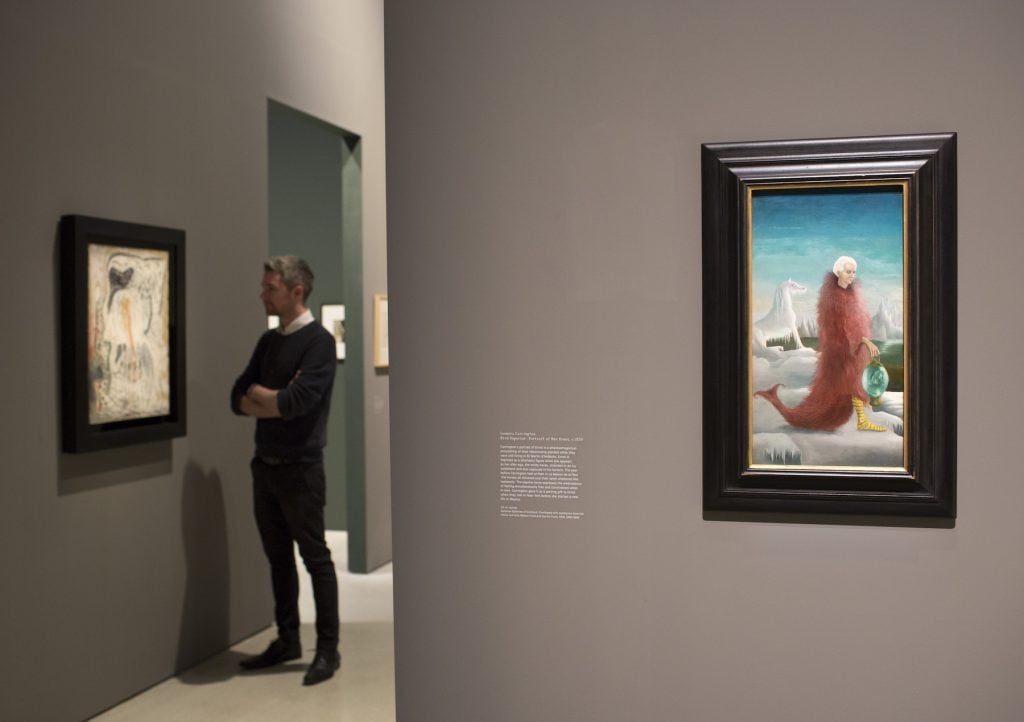 Leonora Carrington’s <e.Bird Superior: Portrait of Max Ernst</1m> in “Modern Couples: Art, Intimacy and the Avant-garde” at the Barbican Art Gallery. (Photo by John Phillips/Getty Images for Barbican Art Gallery)