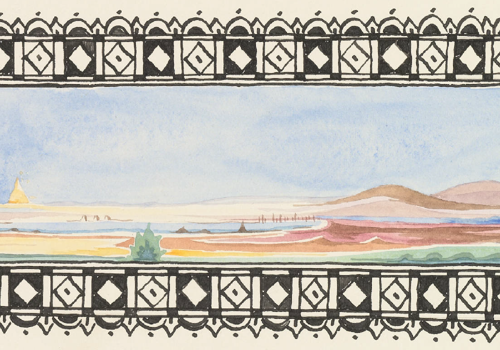 JRR Tolkien, <em>Mithrim</em> (1920s), detail.  This beautiful pastel landscape of Lake Mithrim in the land of Hithlum, taken from <em>The Silmarillion</em>, is further enhanced by the addition of a striking black and white border.  Courtesy of Tolkien Estate.  “width=”1000″ height=”700″ srcset=”https://news.artnet.com/app/news-upload/2022/03/painting-tile@2x.png 1000w, https://news.artnet .com/app/news-upload/2022/03/painting-tile@2x-300×210.png 300w, https://news.artnet.com/app/news-upload/2022/03/painting-tile@2x- 50×35.png 50w” sizes=”(max-width: 1000px) 100vw, 1000px”/></p>
<p class=