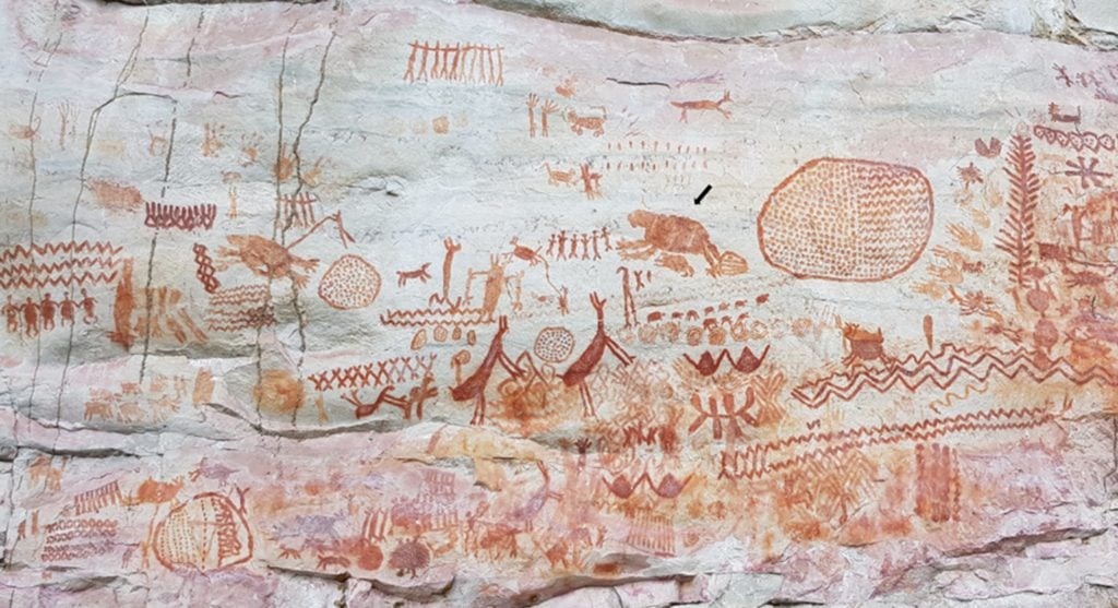 Las Dantas panel at Cerro Azul, La Lindosa (arrow points to proposed giant sloth painting). Photo courtesy of José Iriarte.