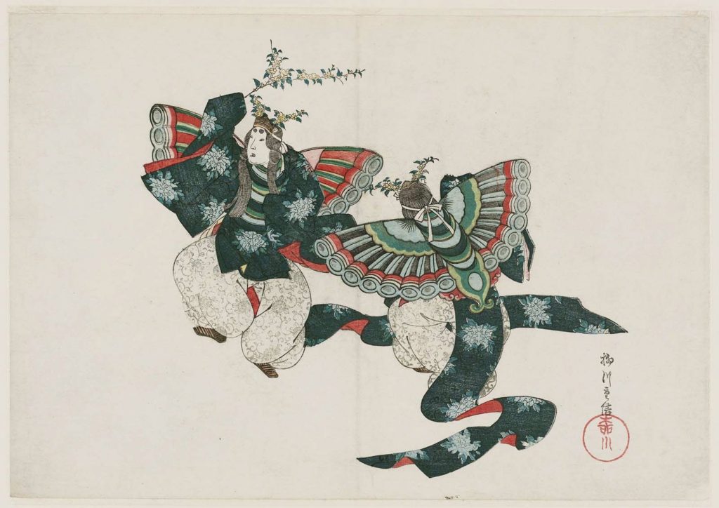Yanagawa Shigenobu I, Deux danseurs en costumes de papillon (années 1820).  Collection du Musée d'art de Philadelphie.