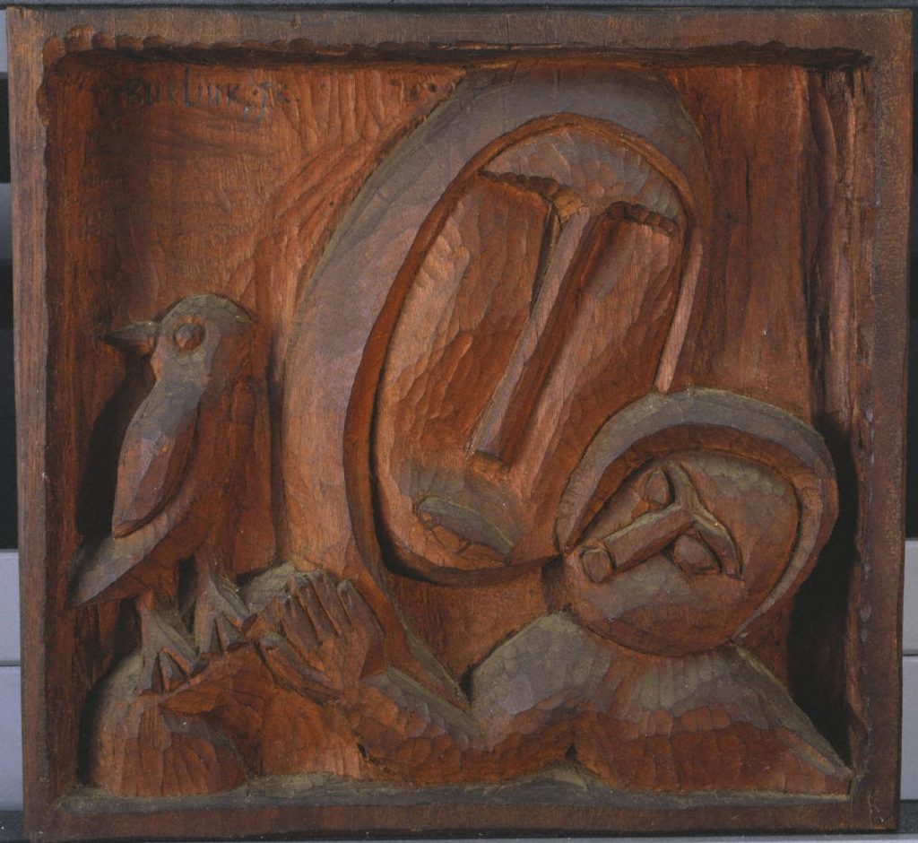 David Burliuk, Jr., Mother and Child with Bird, Not dated, Carved wood, 14 1/4 x 15 1/4 x 2 1/8 in., The Phillips Collection, Acquired c. 1938