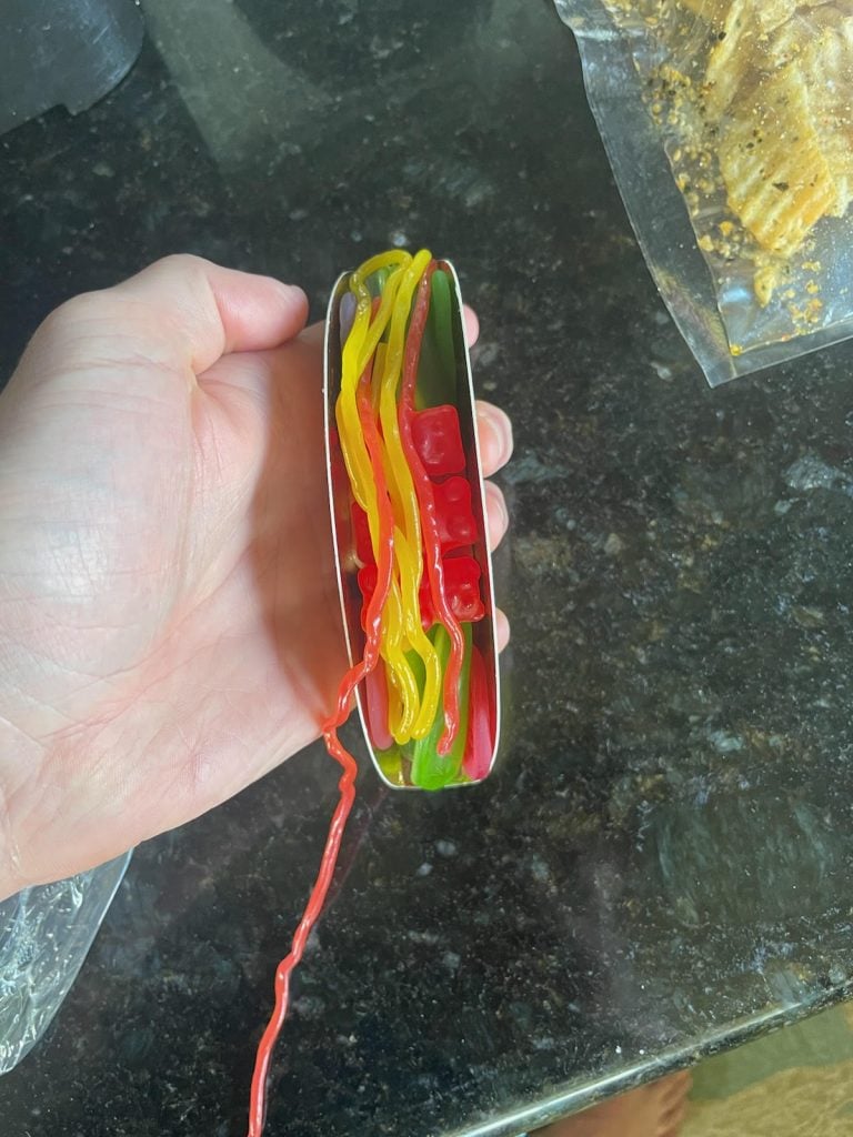 Coinciding with us heading home for the night, Eric, the “Snackstaglia” supporter, sent us a photo of the “gummy taco” we jointly purchased when we were visiting him, showcasing the gelatinous innards of the confectionary creation, and announcing his near immediate tummy ache.