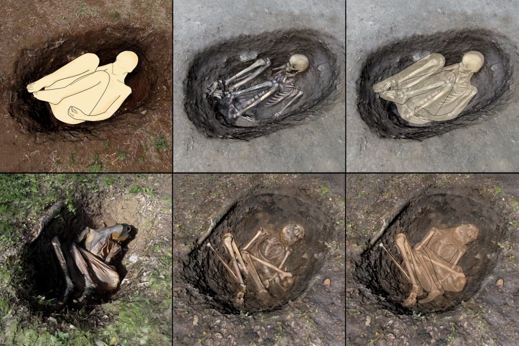 An illustration comparing the burial of a fresh cadaver and a desiccated body that has undergone guided mummification. Courtesy of Uppsala University and Linnaeus University in Sweden and University of Lisbon in Portugal.