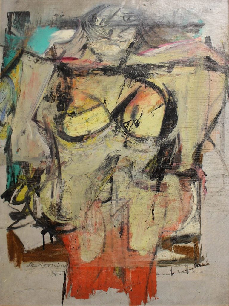 <em>Woman-Ochre</em> (1954-1955) de Willem de Kooning en agosto de 2017, poco después de que lo recuperaran en Nuevo México y lo devolvieran al Museo de Arte de la Universidad de Arizona.  ©2019 Willem de Kooning Foundation/Artists Rights Society (ARS), Nueva York.” width=”767″ height=”1024″ srcset=”https://news.artnet.com/app/news-upload/2022/03/woman-ochre-767×1024.jpeg 767w, https://news.artnet.com/app/news-upload/2022/03/woman-ochre-225×300.jpeg 225w, https://news.artnet.com/app/news-upload/2022/03/woman-ochre-37×50.jpeg 37w, https://news.artnet.com/app/news-upload/2022/03/woman-ochre.jpeg 1300w” sizes=”(max-width: 767px) 100vw, 767px”/></p>
<p class=