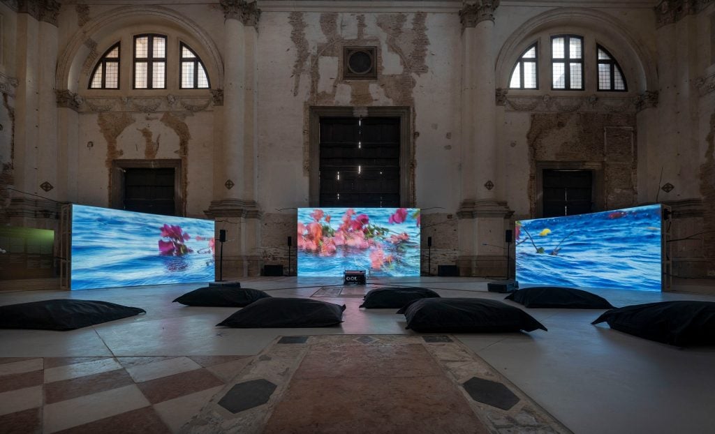 Installation view of “The Soul Expanding Ocean #3: Dineo Seshee Bopape – Ocean! What if no change is your desperate mission?” at Ocean Space. Commissioned and produced by TBA21–Academy. Photo by Matteo De Fina.