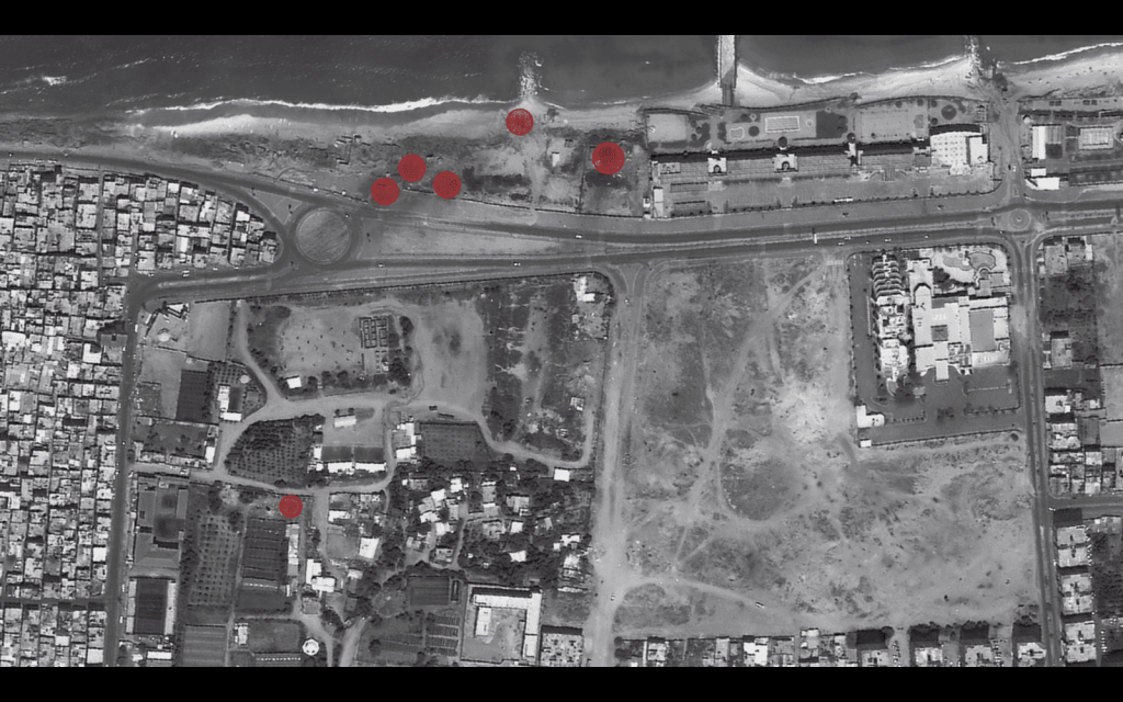 Forensic Architecture, <em>Living Archaeology in Gaza</em>. Analysis of a 2021 satellite image (red circles indicate bomb craters or other evidence of damage). Courtesy of Forensic Architecture, with satellite maps by Soar.Earth.