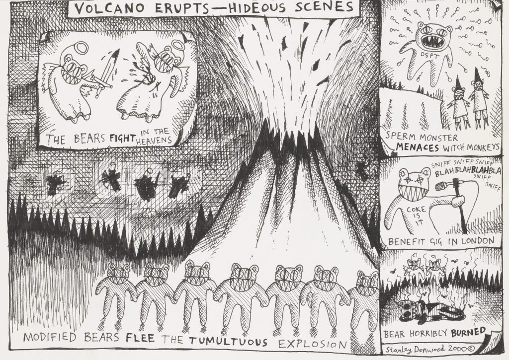<i>Volcano erupts - hideous scenes<i/>. Stanley Donwood. Courtesy of the artist and Tin Man Art.